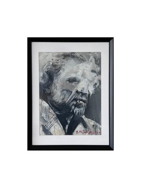 #: 12024060026<br>Subject: Portrait (Charles Bukowski)<br>Size: 32X42 cm<br>Frame: Framed<br>Medium: Oil Painting on Paper<br>Year: 2021<br>For Sale