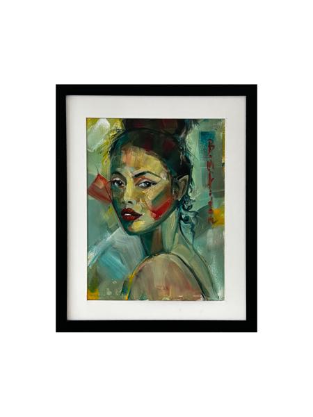 #: 12024060027<br>Subject: Portrait<br>Size: 34X42 cm<br>Frame: Framed<br>Medium: Oil Painting on Paper<br>Year: 2022<br>For Sale